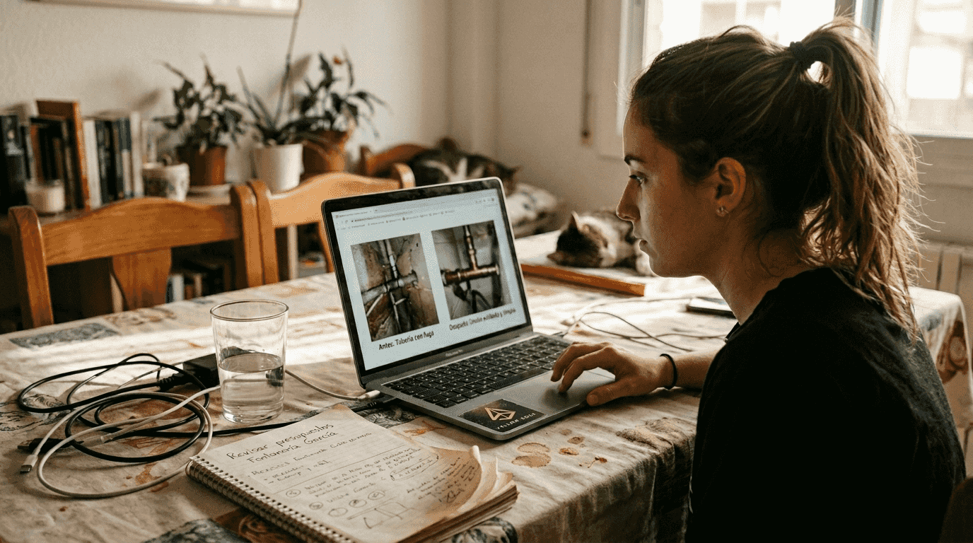 Propietaria revisando en su portátil las fotos del antes y después