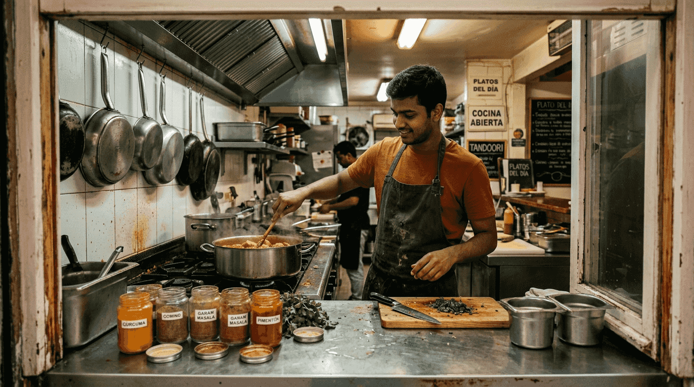 Un chef indio prepara un curry en la cocina de un restaurante.