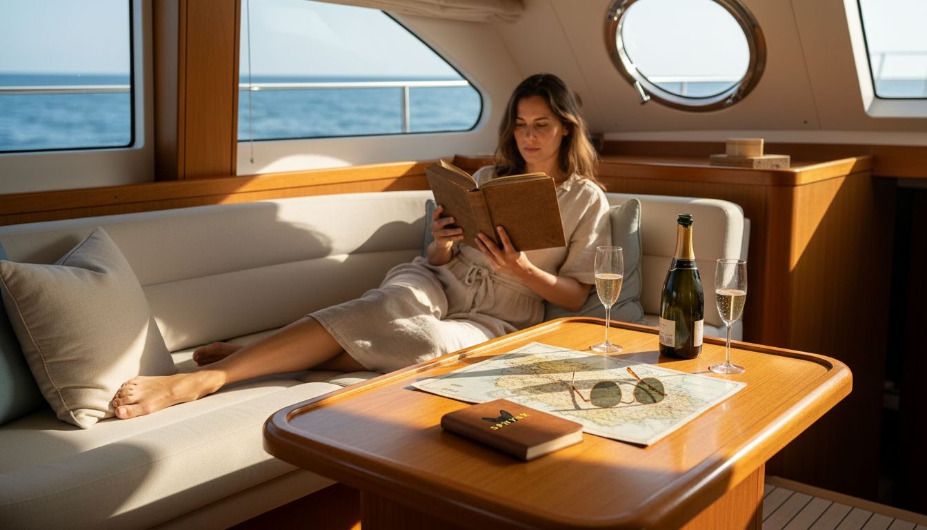 Woman relaxing in luxury yacht salon