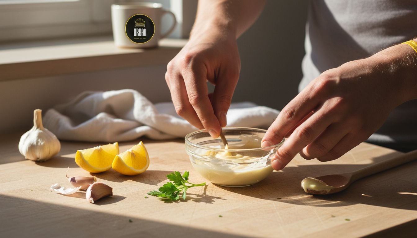 Manos preparando una mayonesa de ajo casera para hamburguesas