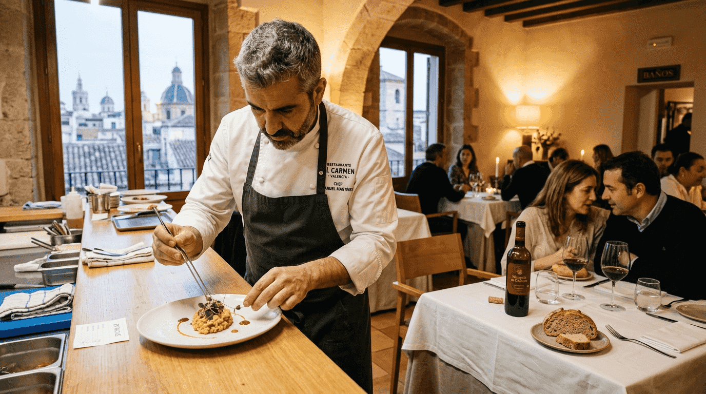 Un chef prepara con esmero un plato gourmet en un restaurante moderno y elegante.