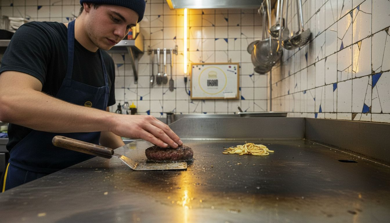 Un chef preparando una smash burger sobre una plancha caliente que suelta humo