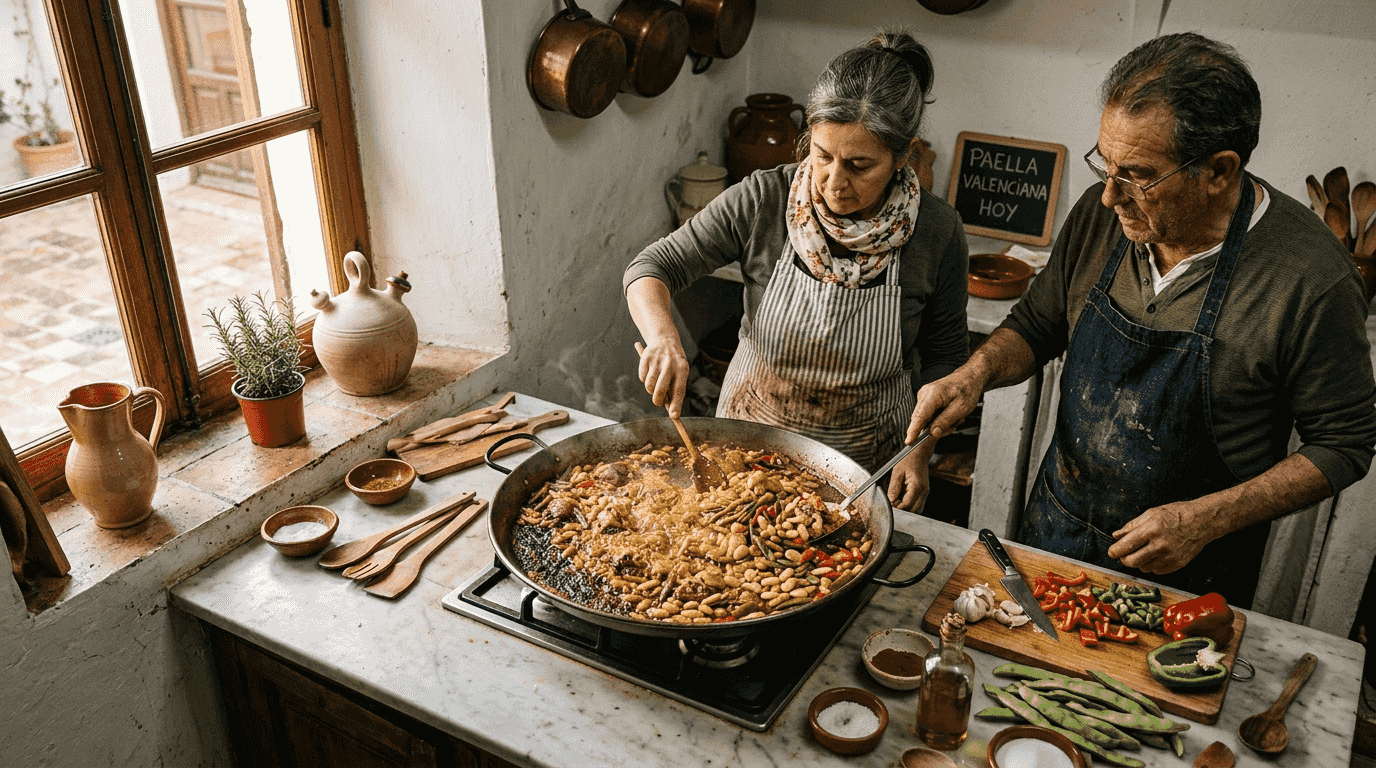 Un grupo de cocineros elabora una auténtica paella valenciana siguiendo la receta tradicional.