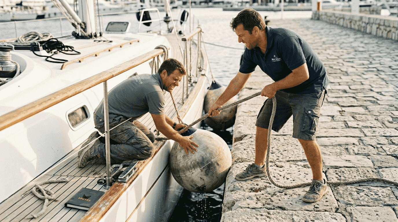 Crew preparing lines amid windy yacht docking