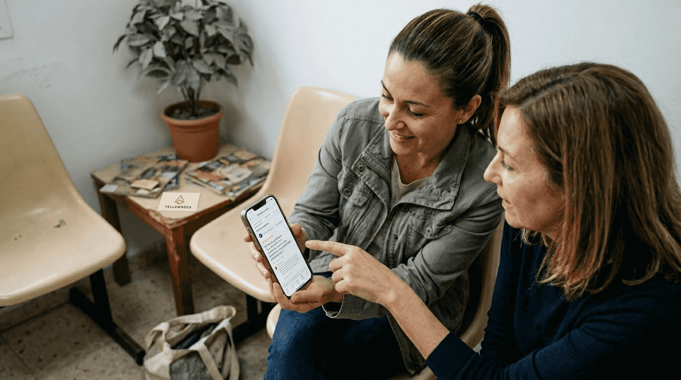 Un cliente recomienda la clínica local mostrando su experiencia desde el móvil.