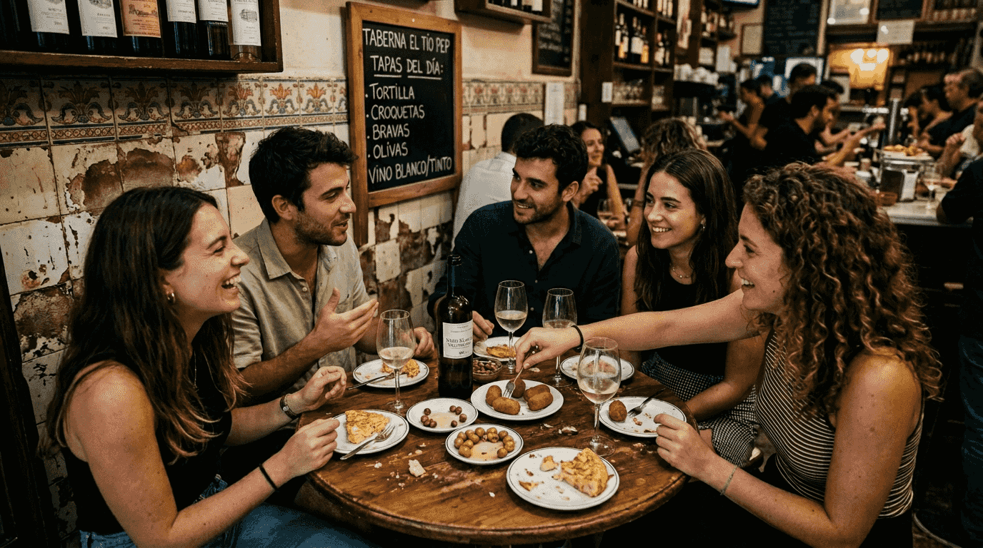 Un grupo de amigos disfruta de unas tapas típicas valencianas en buena compañía.