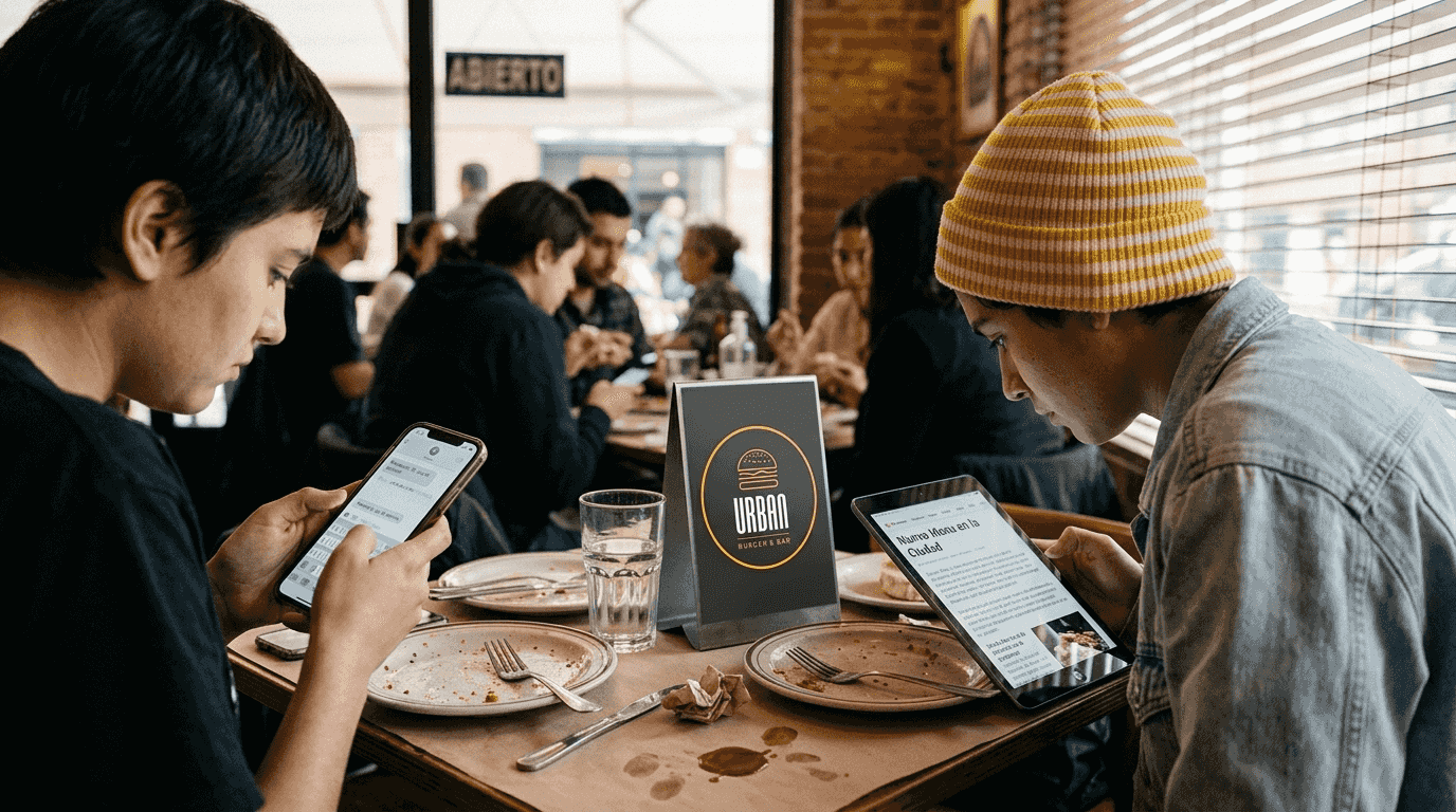 Un grupo de jóvenes revisa el menú digital mientras están sentados en la mesa