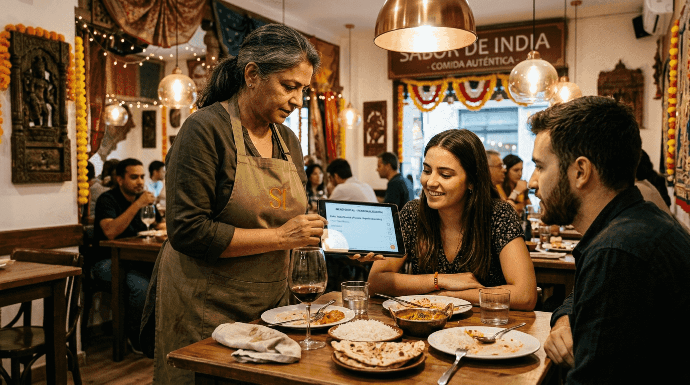 La camarera toma nota de las opciones vegetarianas de los clientes en el restaurante indio.