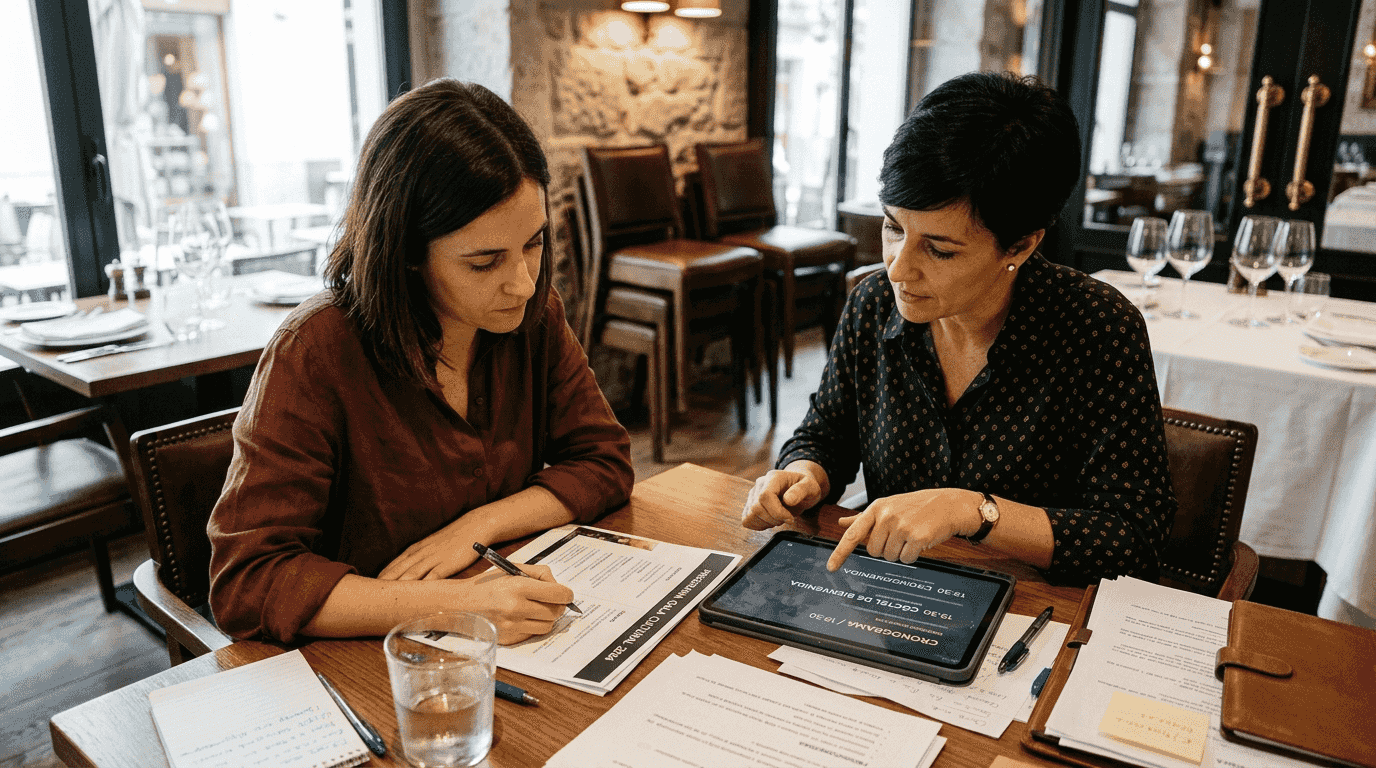 Organizadora repasando la lista de pendientes en un restaurante exclusivo