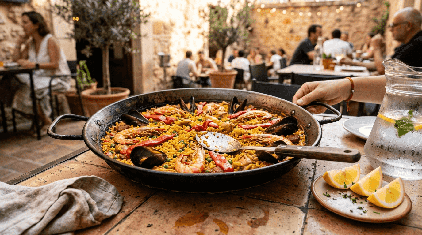 Detalle de una paella de mariscos recién servida sobre la mesa, disfrutando al aire libre.