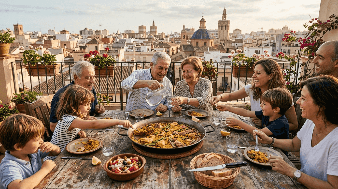 Una familia disfruta de una auténtica paella valenciana en la terraza, aprovechando el buen tiempo y el sol.