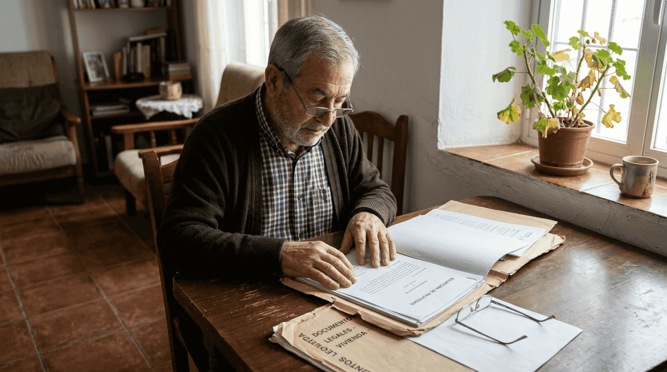 Señor de edad revisando documentos de sus propiedades