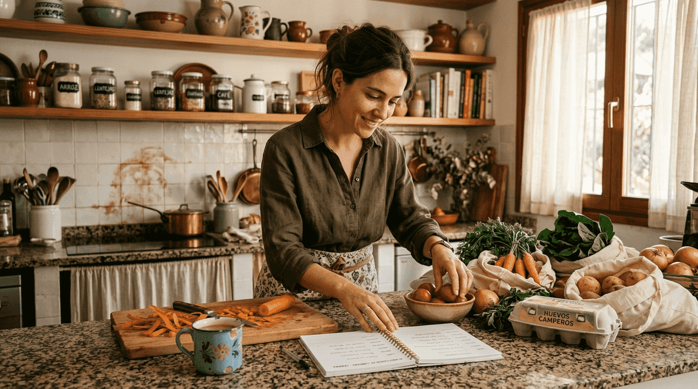 Mujer organizando un menú saludable en la cocina