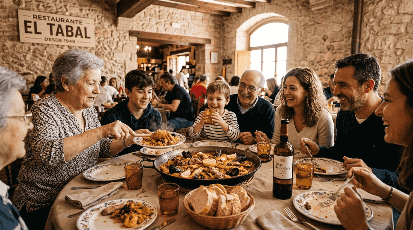 Una familia disfruta de una auténtica paella valenciana reunida alrededor de la mesa dentro de casa.