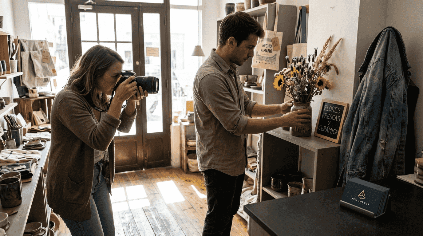El equipo realiza una sesión de fotos de los productos dentro de la tienda local.