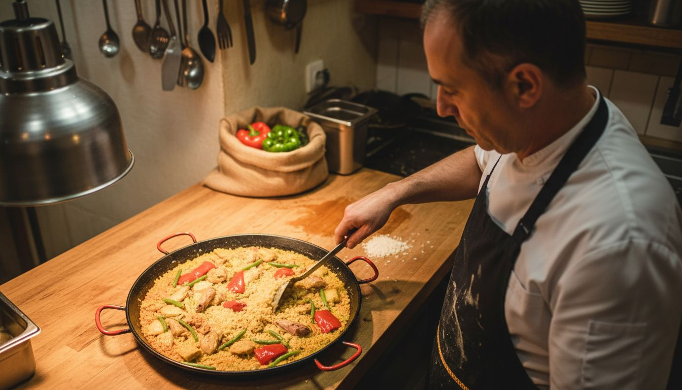Un chef se encuentra elaborando una auténtica paella valenciana, combinando pollo y conejo entre sus ingredientes principales.
