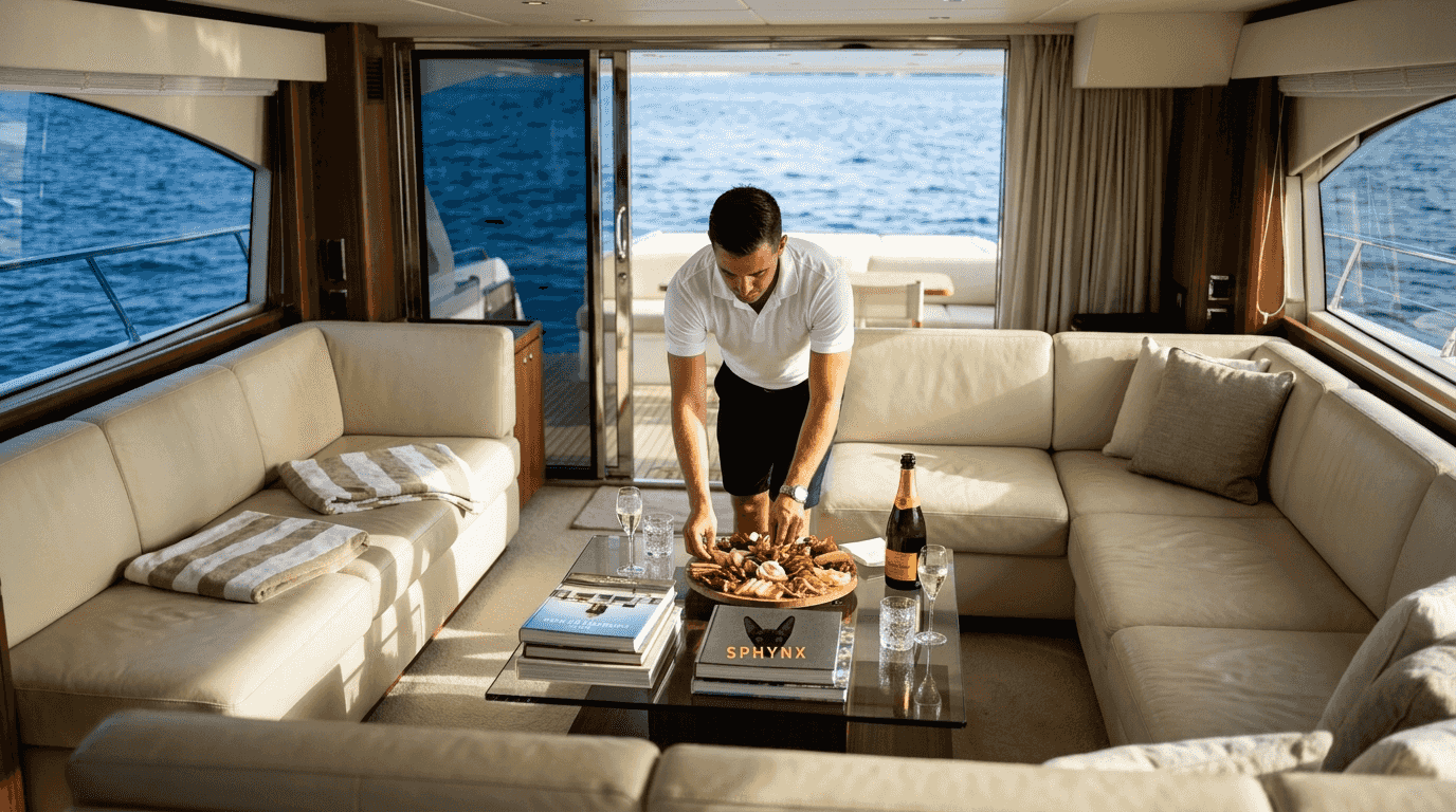 Crew prepares gourmet snacks in yacht lounge
