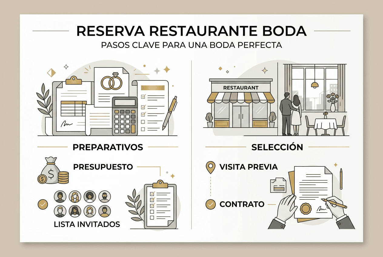 Guía visual con los pasos clave para reservar el restaurante de tu boda