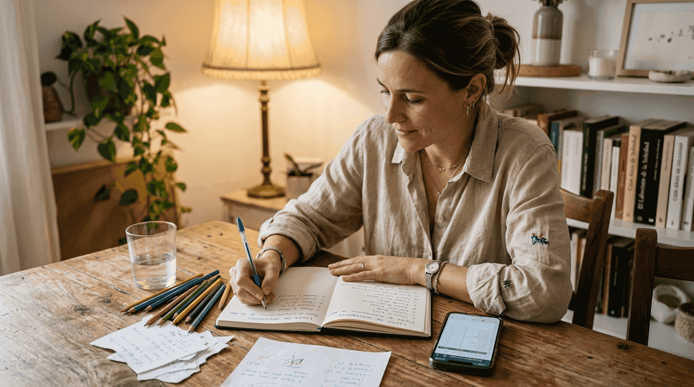 Mujer repasando la lista de invitados para su boda