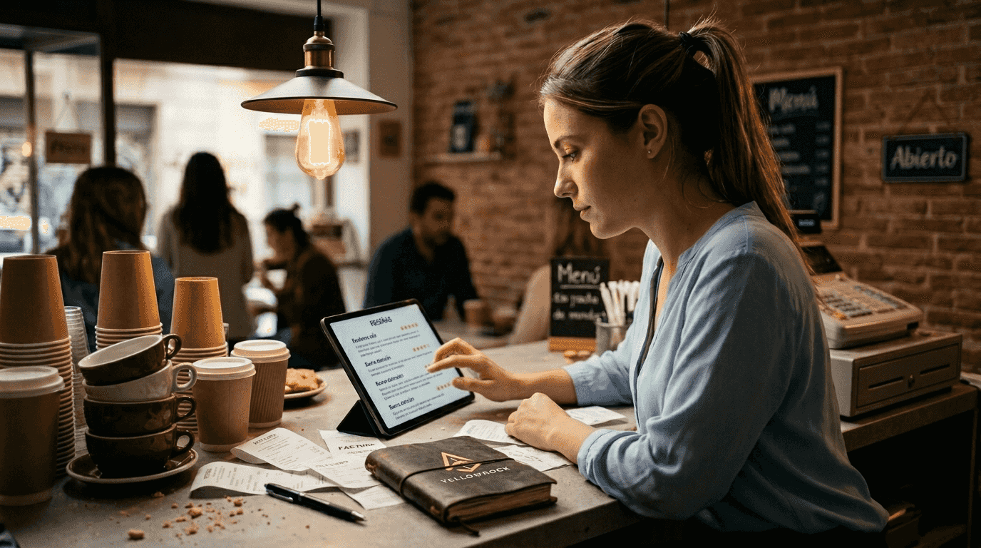 Propietaria de una cafetería atenta a las opiniones de sus clientes en Internet