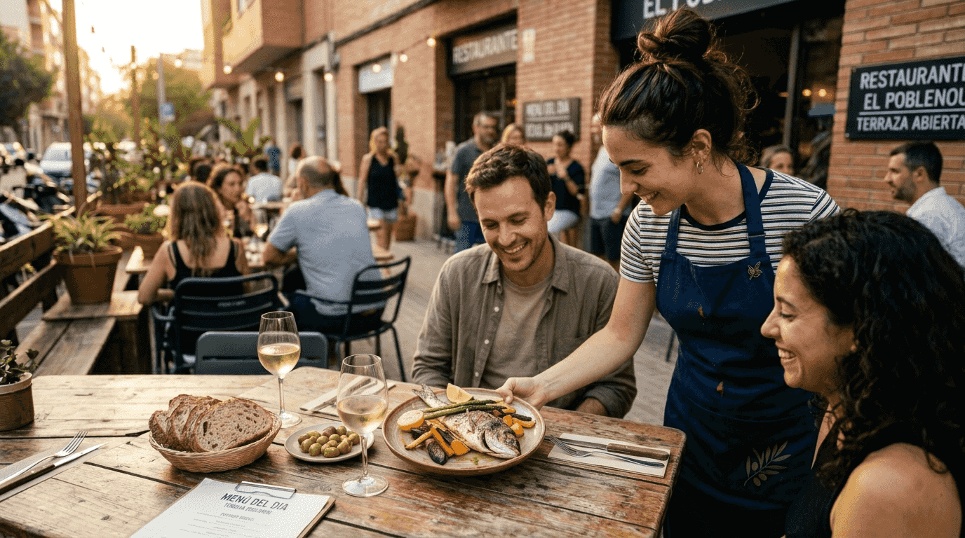 Una camarera atiende a los clientes en la terraza del restaurante, sirviendo un plato de temporada.