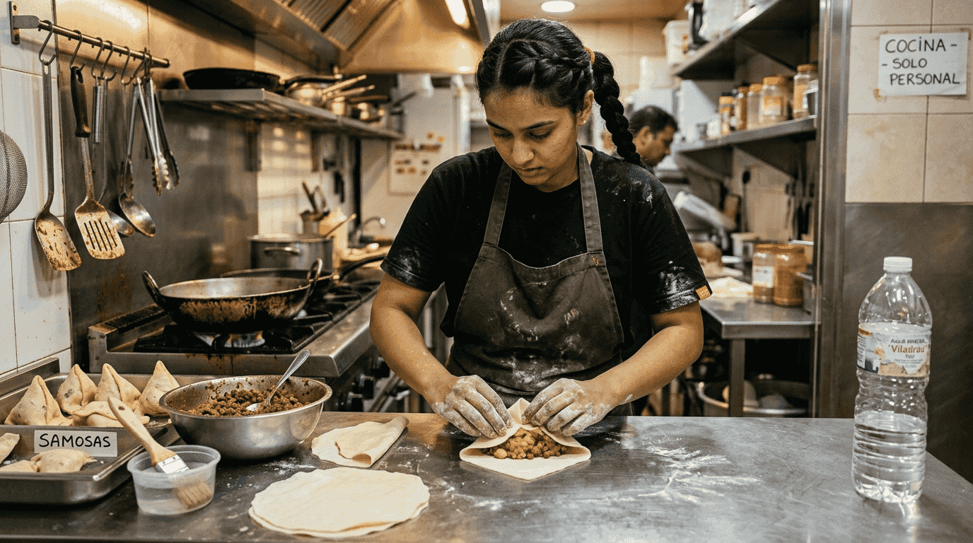 Una cocinera prepara samosas a mano en la cocina del fondo.