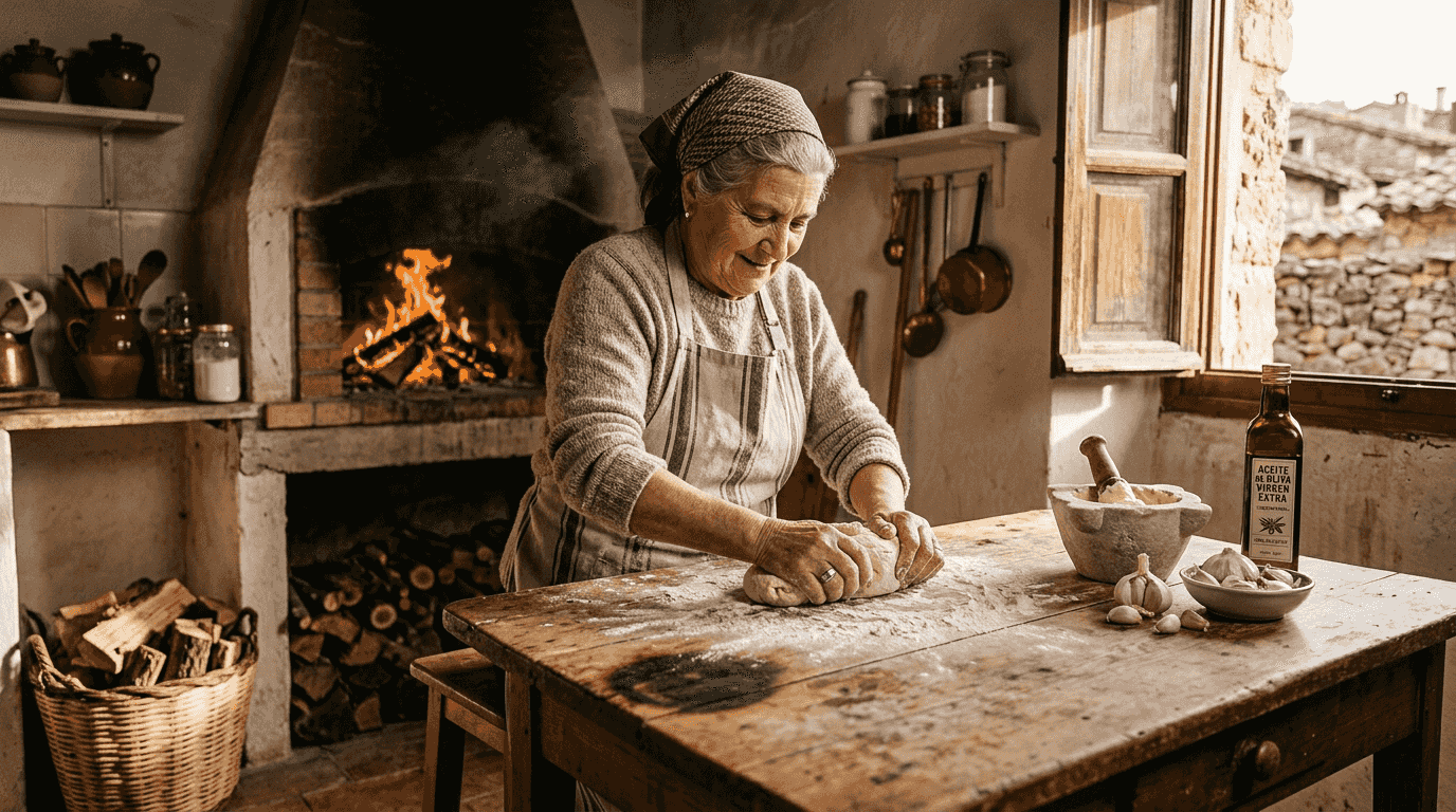 Una mujer elabora pan casero y prepara alioli en una cocina típica catalana.