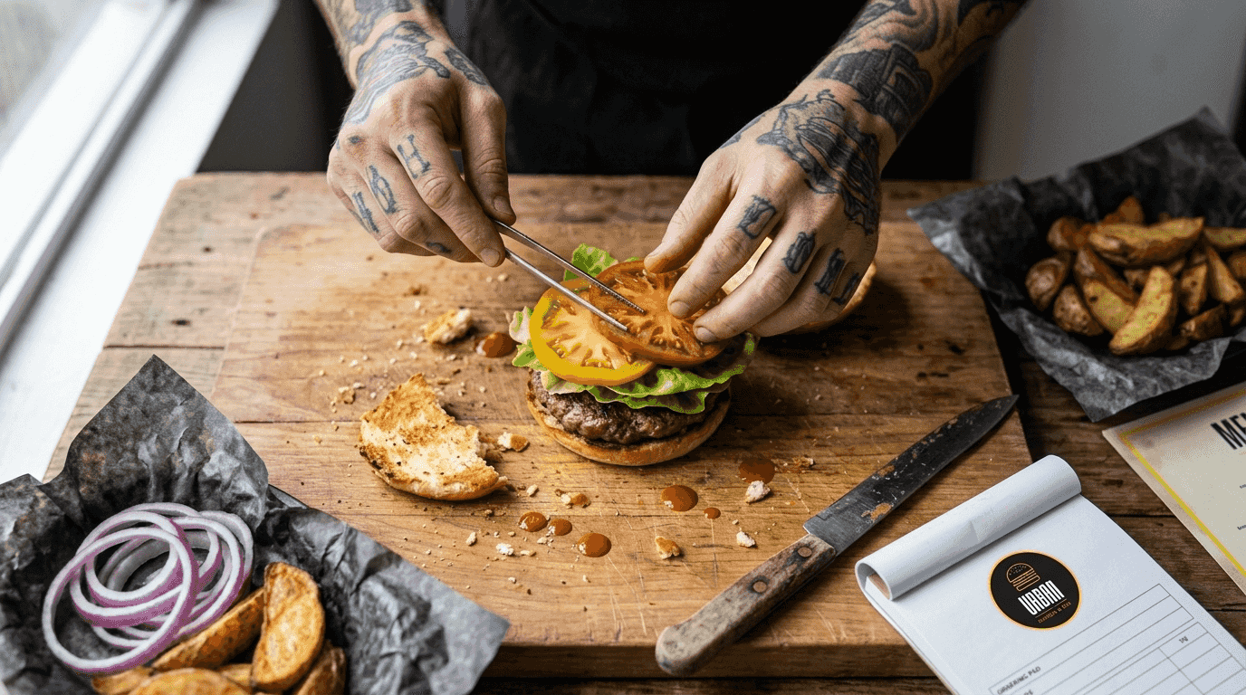 Unas manos colocan vegetales frescos sobre una hamburguesa gourmet