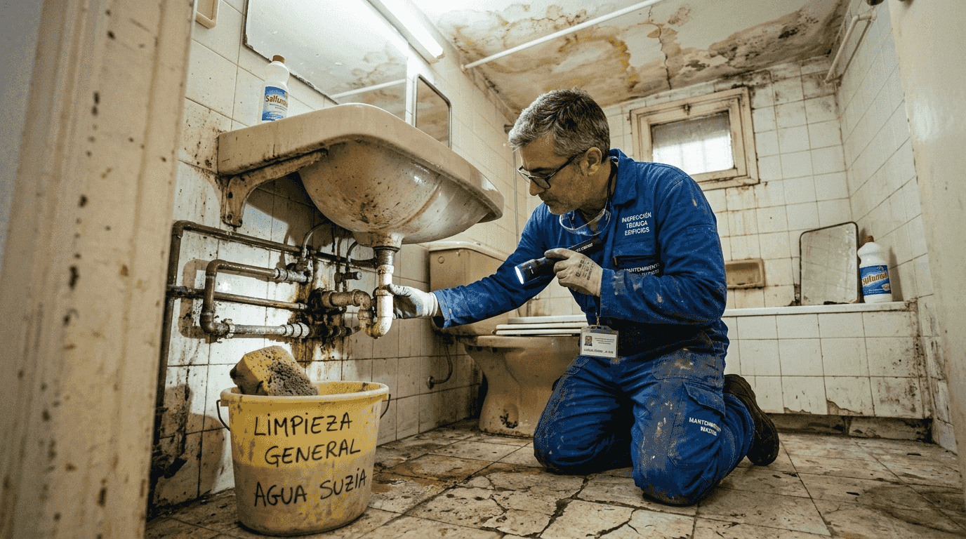Un técnico realiza una revisión de las tuberías en el baño de un piso.