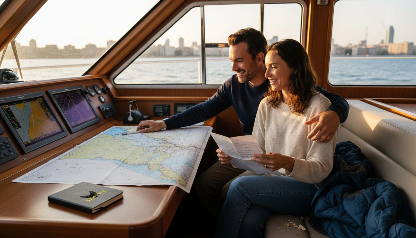 Couple planning yacht journey on Barcelona charter