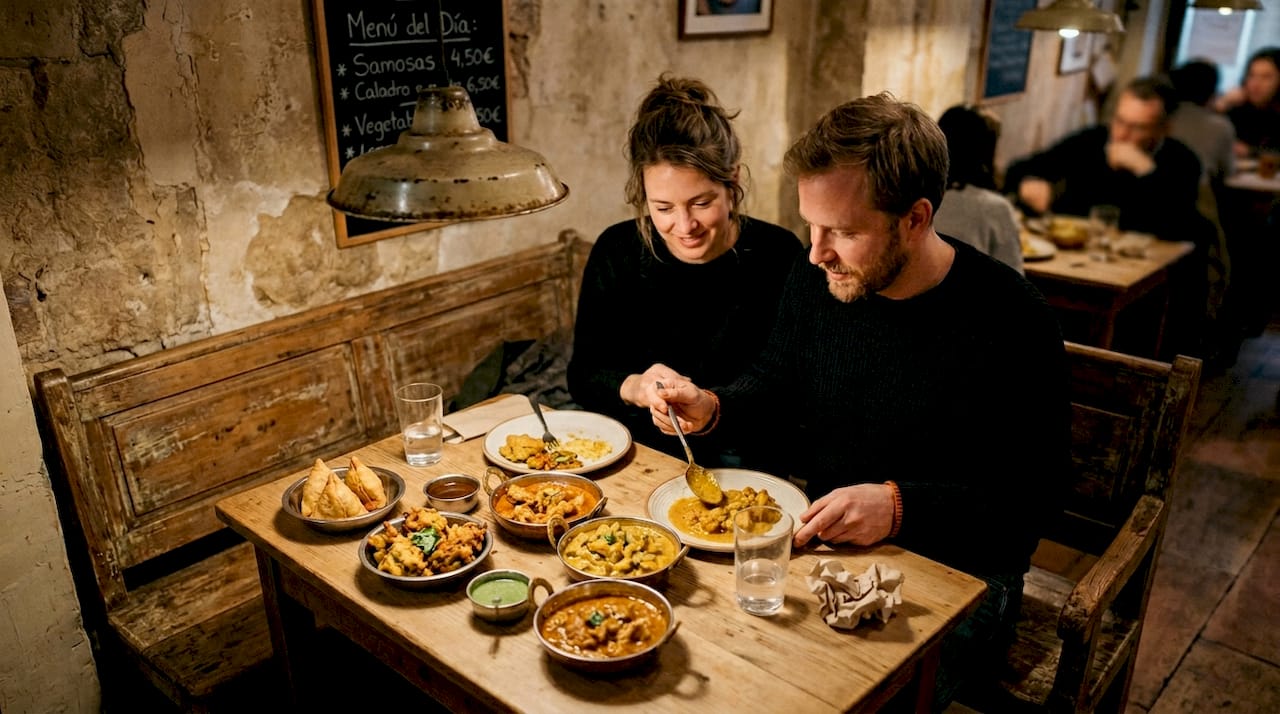 Una pareja disfruta de platos hindúes en un restaurante sencillo y acogedor.