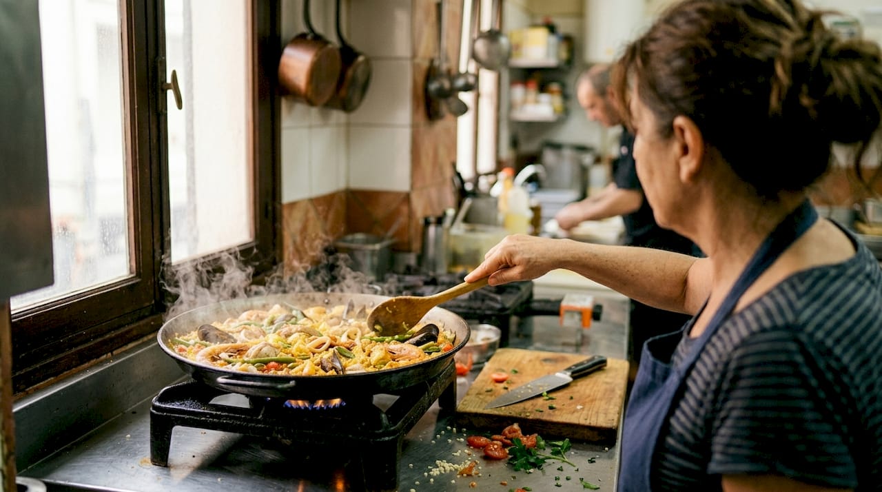 Una chef prepara una auténtica paella en un restaurante de cocina tradicional.