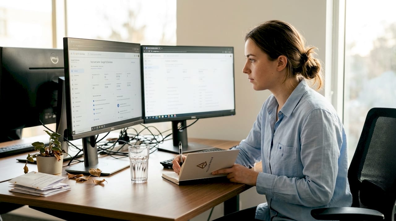 Especialista en SEO revisando diferentes aspectos del posicionamiento web en la oficina