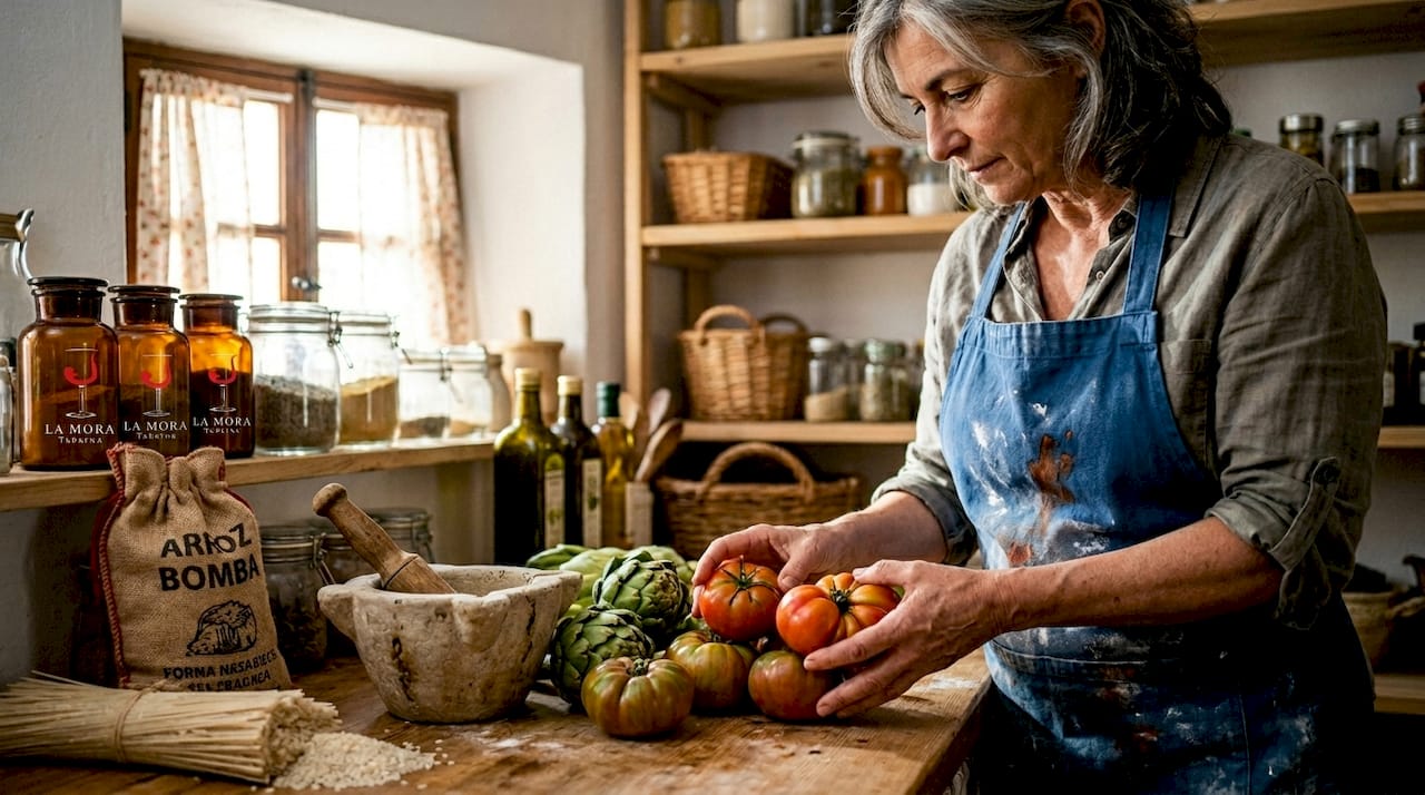 Una chef valenciana seleccionando cuidadosamente productos frescos de la tierra