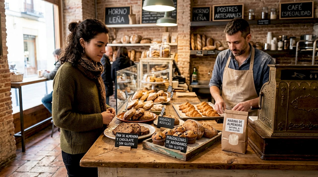 Cliente eligiendo dulces en el mostrador de una pastelería sin gluten en Barcelona
