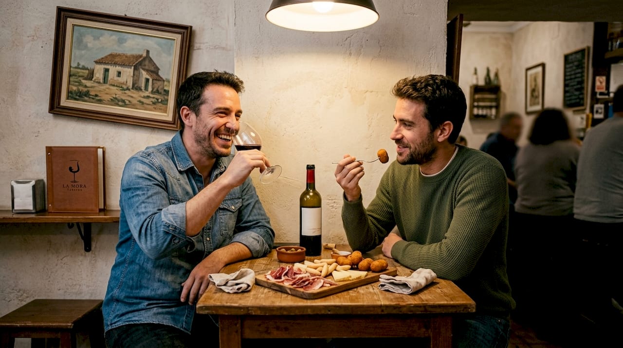 Un grupo de amigos disfruta de una selección de tapas gourmet acompañadas por buenos vinos.