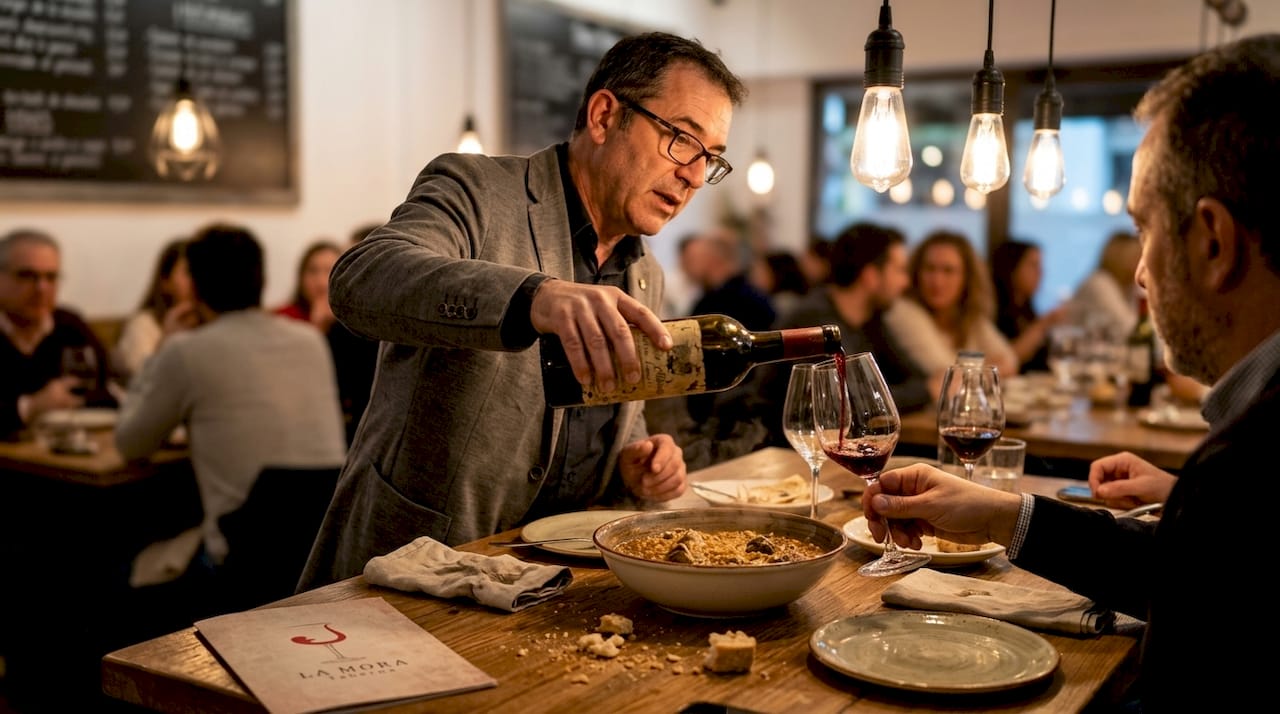 Un sumiller recomienda y sirve vino de la Comunidad Valenciana a los comensales en un restaurante.