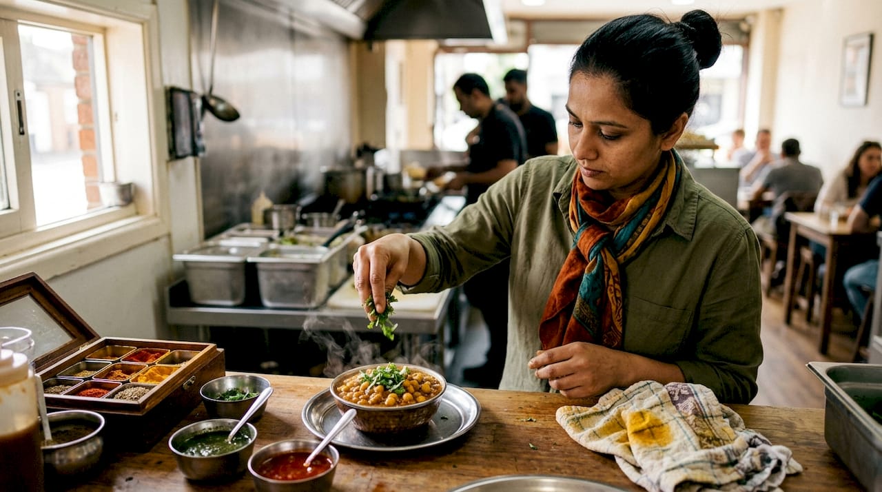 Un chef añade los últimos toques a un plato vegetariano indio recién preparado.