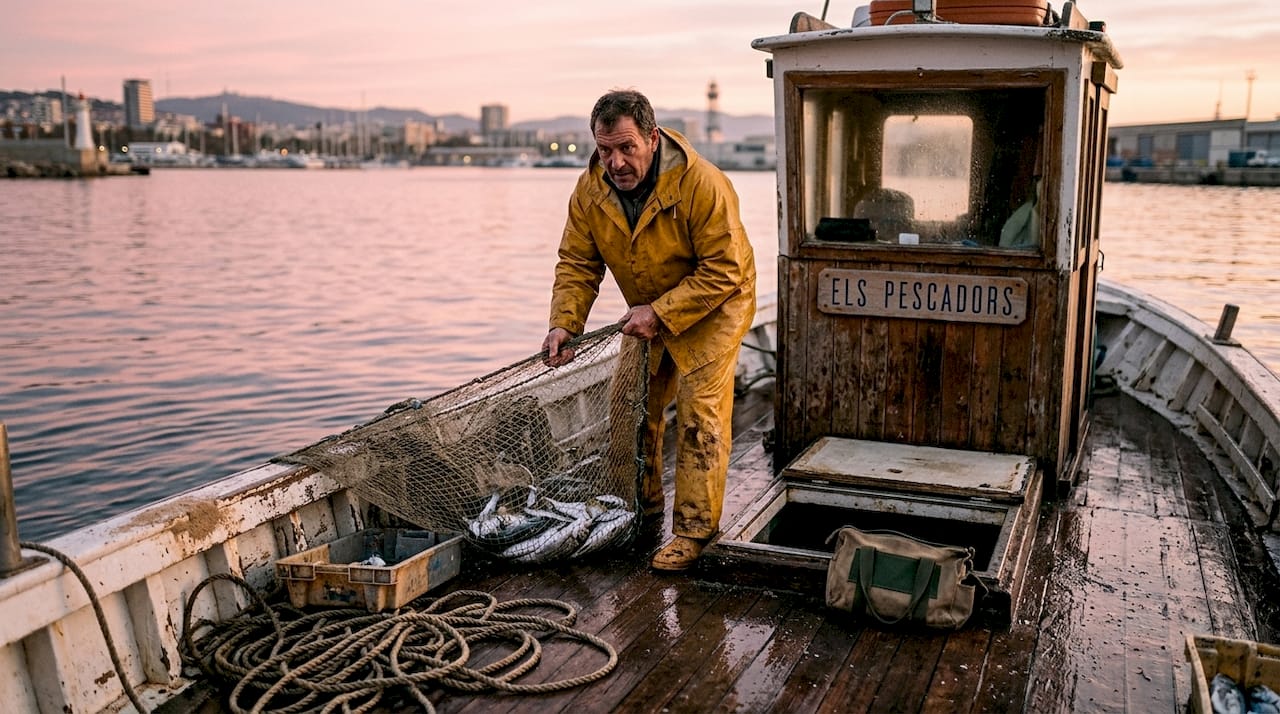 Pescador faenando en una pequeña embarcación con redes selectivas