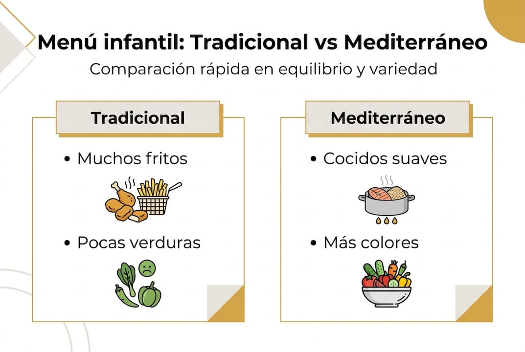 Infografía: menú infantil clásico y sabores del Mediterráneo