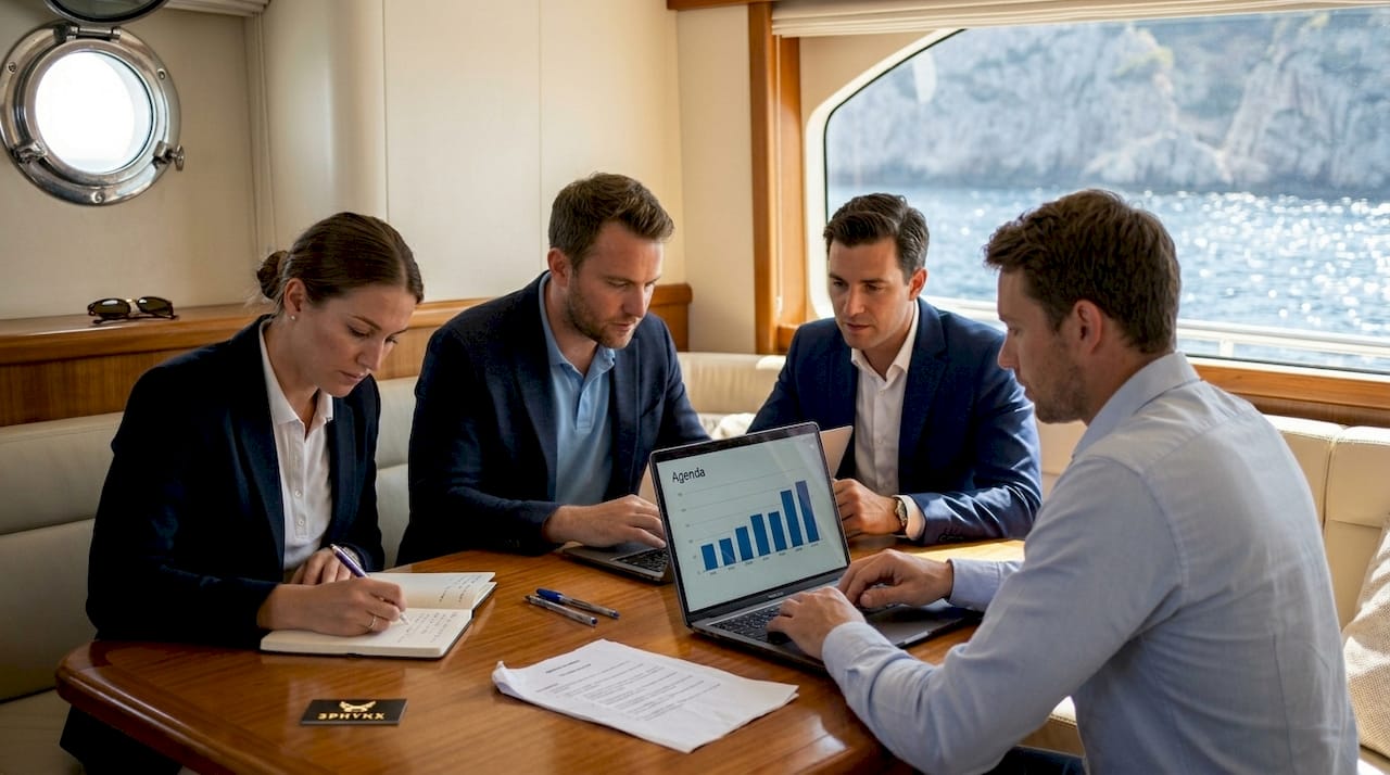 Business meeting taking place in yacht salon