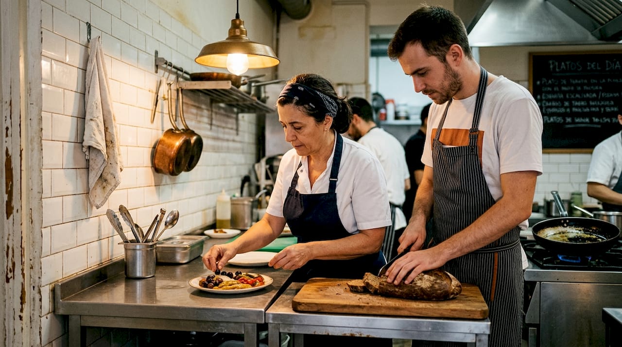 Un equipo de chefs elabora especialidades mediterráneas en plena cocina.