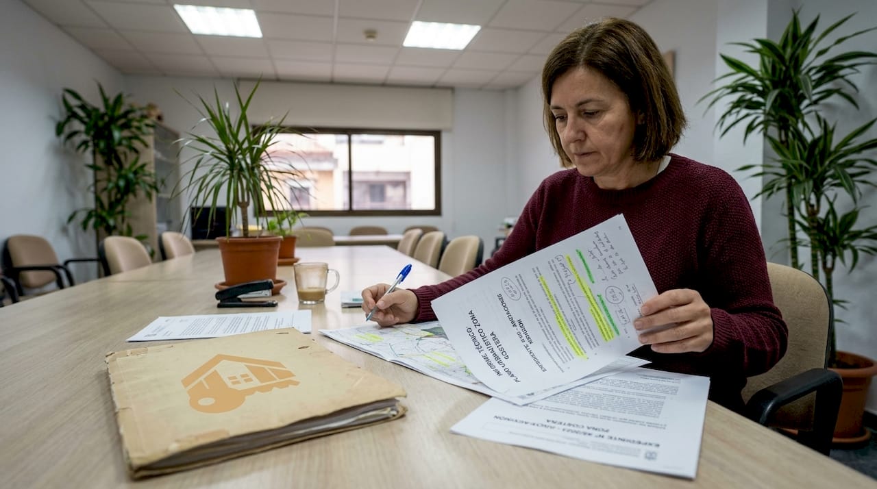Técnico municipal revisando documentación urbanística en una sala de reuniones
