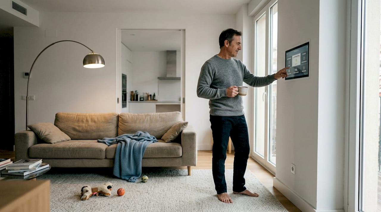 Un hombre controla el sistema domótico desde el salón de una casa de lujo.