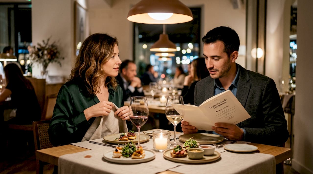 Una pareja disfruta de una cena gourmet en un elegante restaurante.