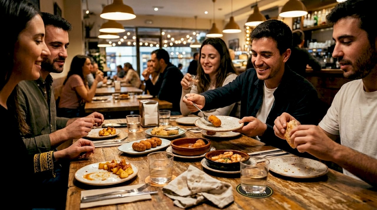 Un grupo de comensales disfruta de unas tapas juntos en un ambiente acogedor de restaurante.