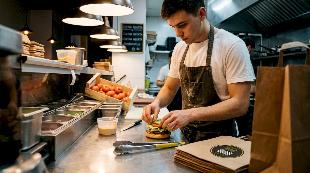 Chef preparando una hamburguesa gourmet en la cocina