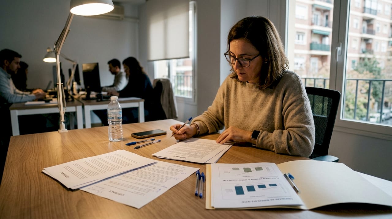 Administrativa revisando los contratos de alquiler de las oficinas para asegurarse de que todo esté en orden.
