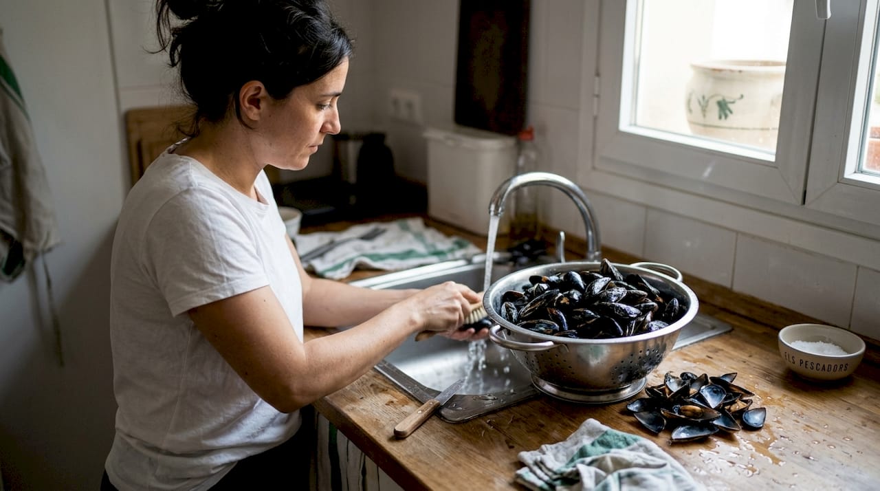 Alguien preparando mejillones frescos, limpiándolos cuidadosamente en la cocina.