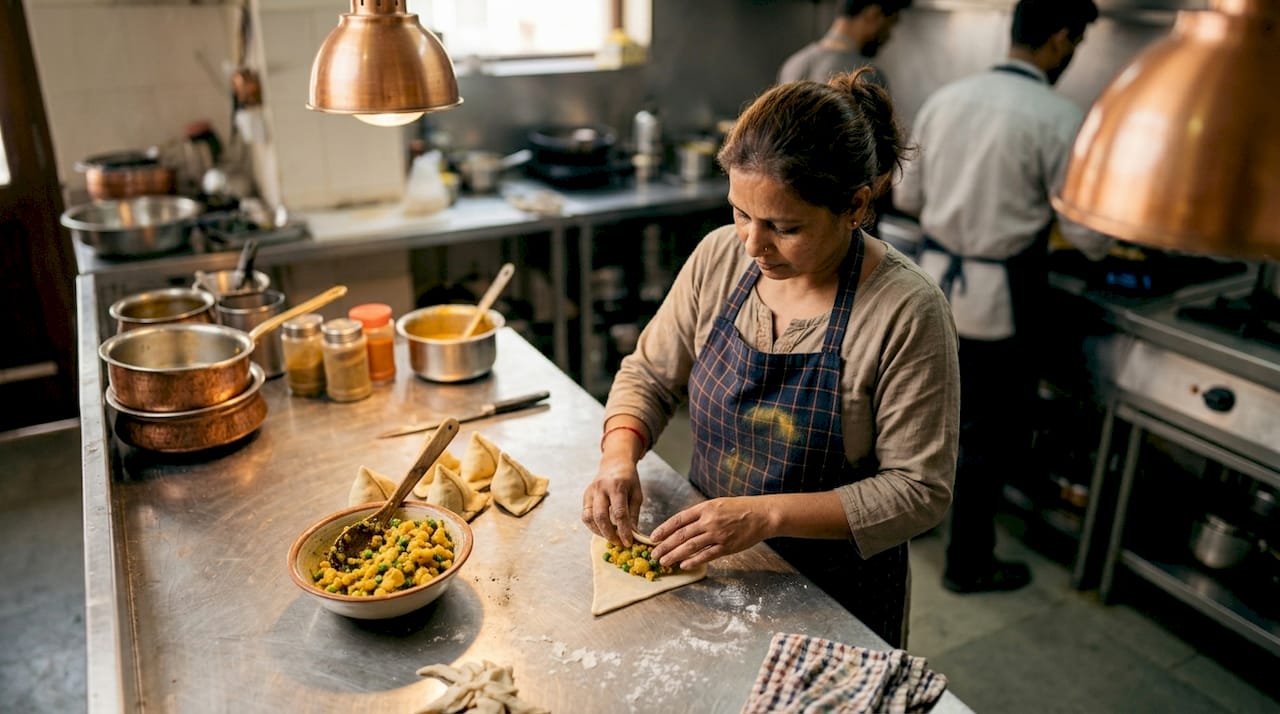 Una mujer prepara samosas, rellenándolas con esmero en una cocina pequeña.